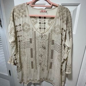 Johnny Was Long Sleeve Cream Embroidered Top XL